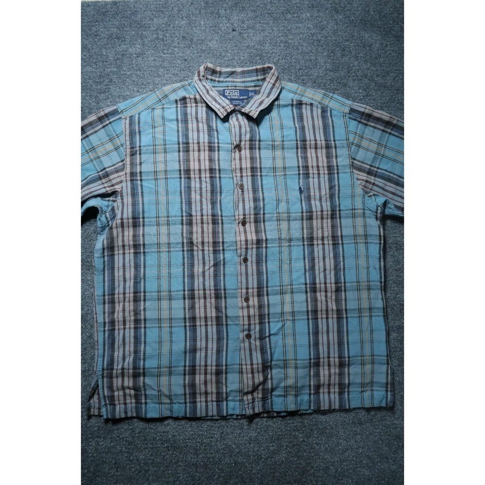Polo Ralph Lauren Caldwell Plaid Cotton Shirt Mens XL Short Sleeve Blue Burgundy